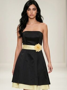 Strapless Black Dress with Yellow Sash and Flower Accent